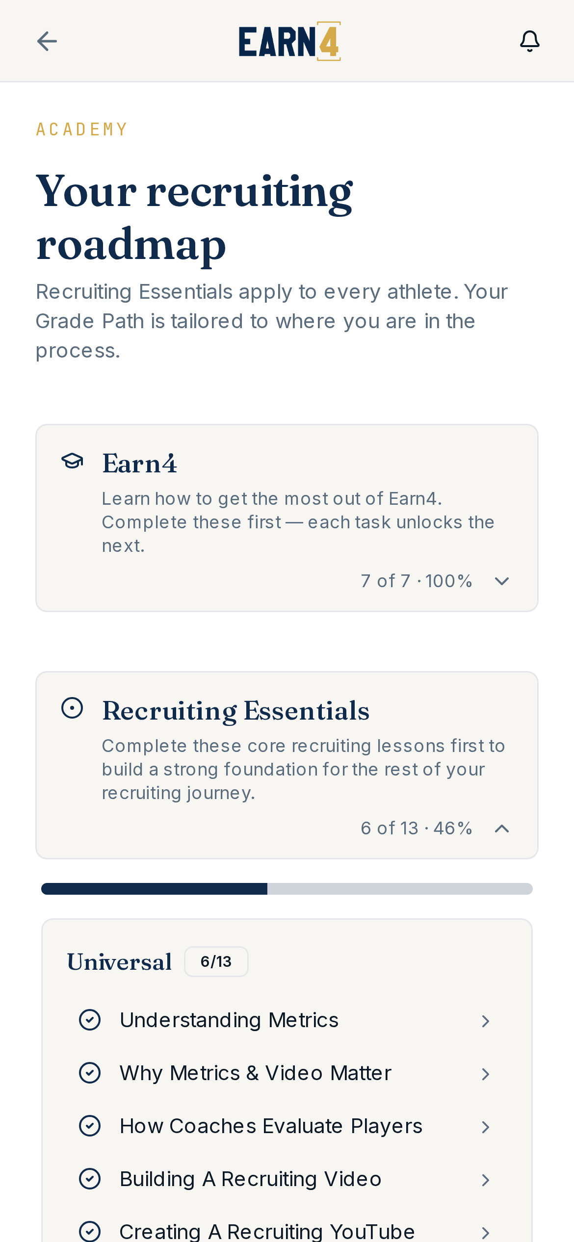 Academy — grade-based recruiting tracks with sequential tasks