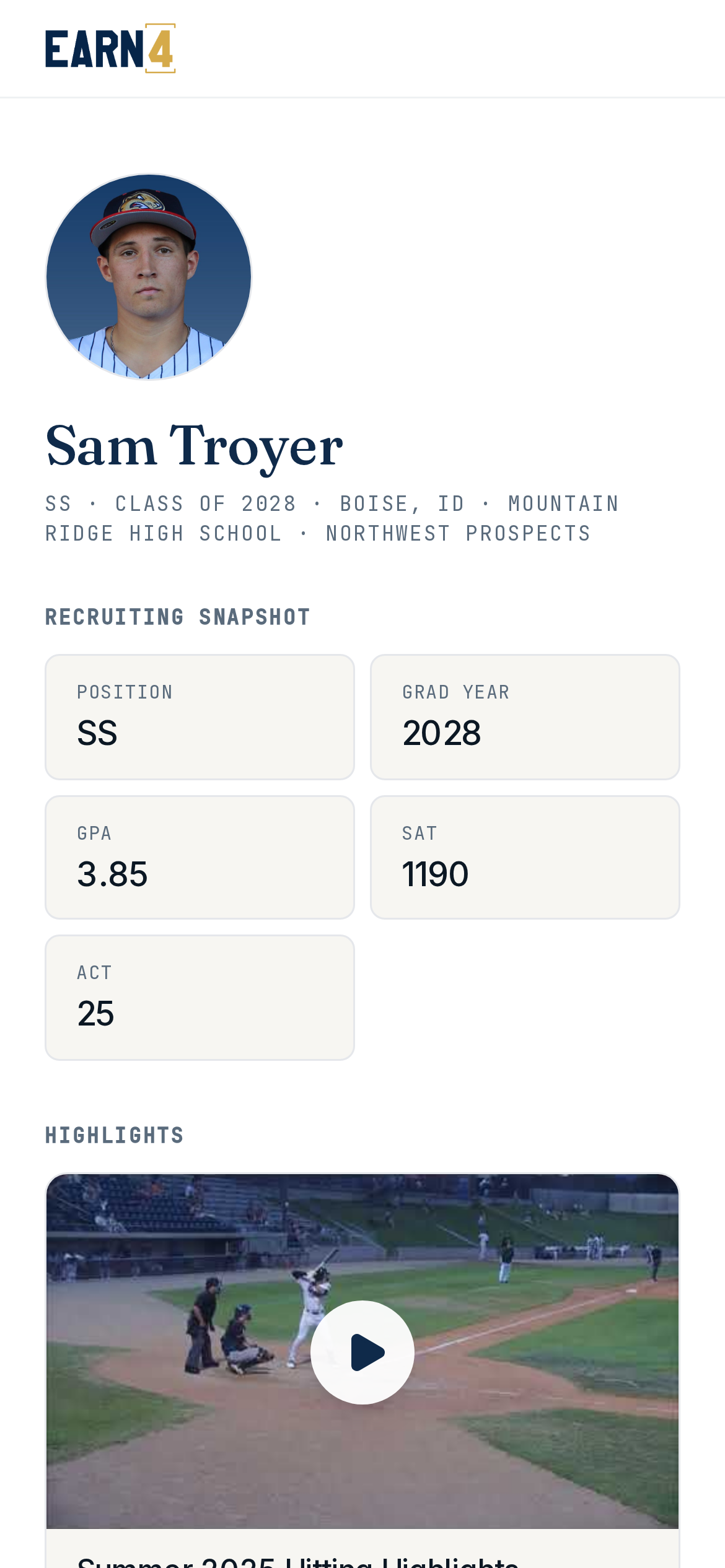 Public recruiting profile — the shareable page coaches see