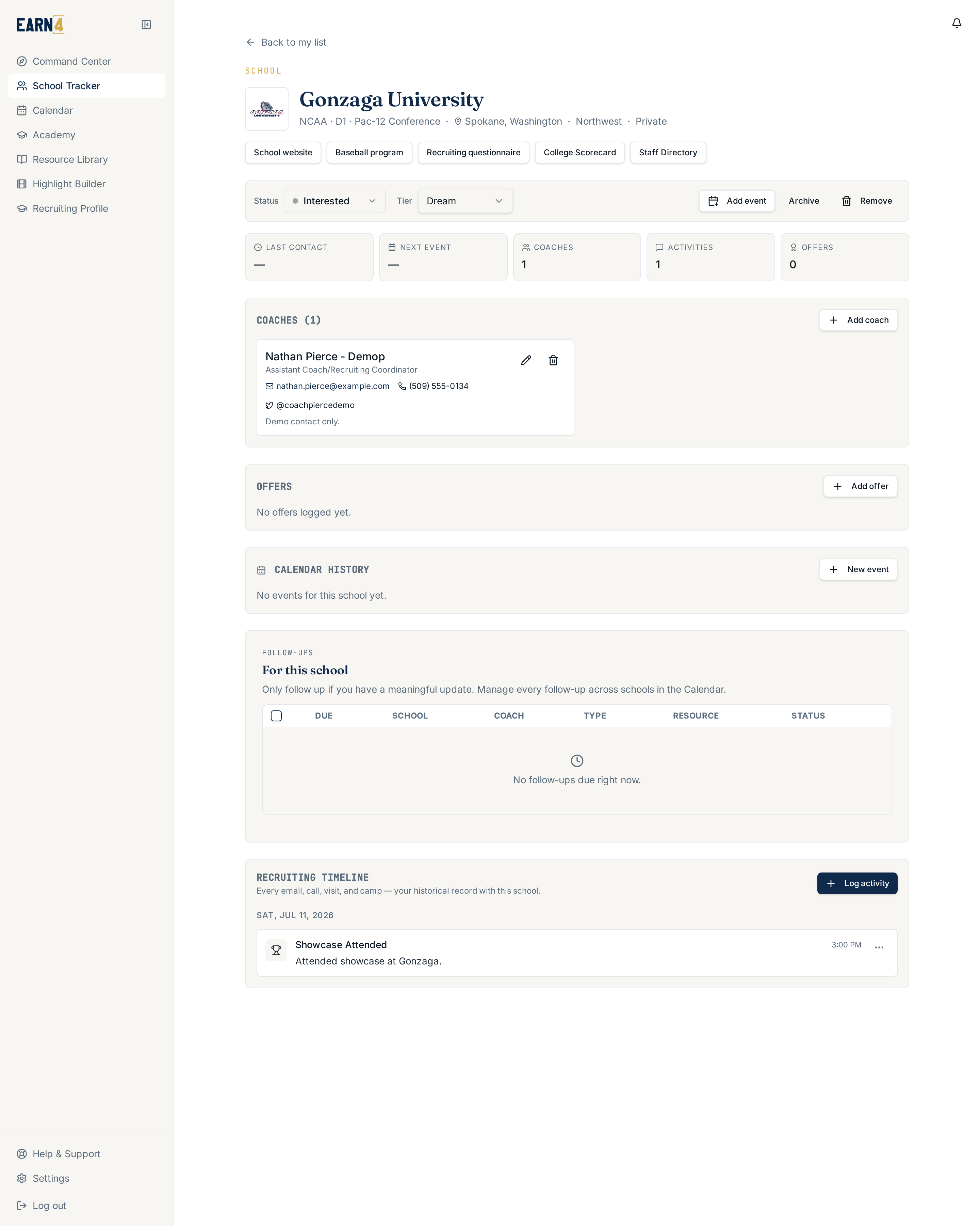 School detail — coach contacts, outreach, and follow-ups